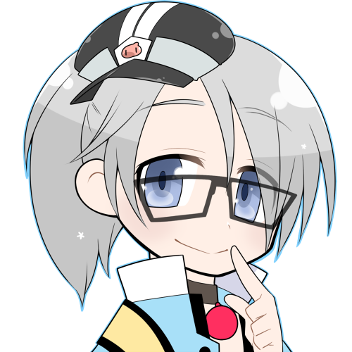 arch bishop (ragnarok online), ragnarok online, commentary request, lowres, 1boy, black-framed eyewear, black hat, blue coat, blue eyes, closed mouth, coat, glasses, grey hair, hat, index finger raised, looking at viewer, male focus, newsboy cap, oekakipikki, short hair, simple background, smile, solo, upper body, white background