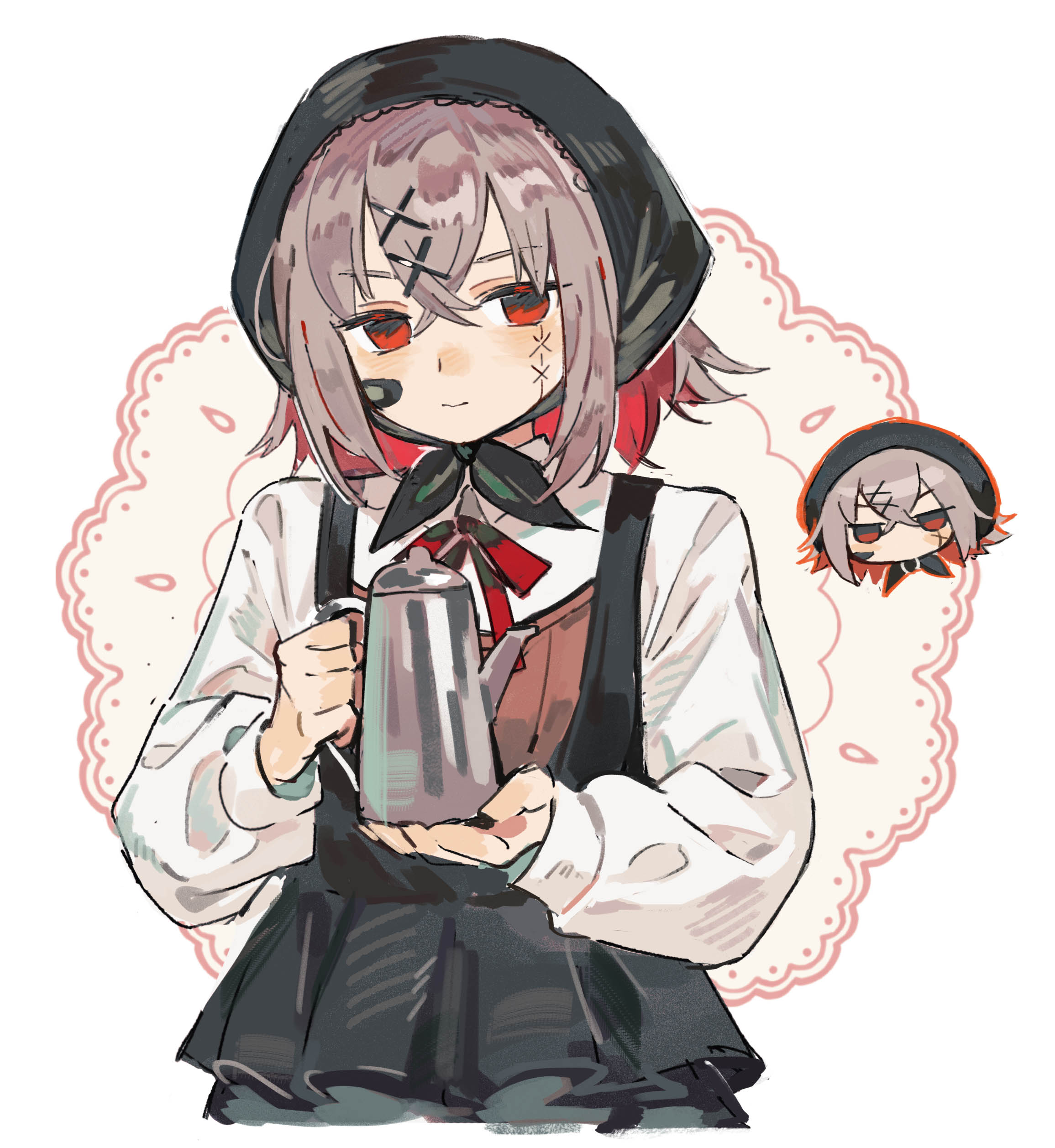 dopperu ben, shito alisa, mahou shoujo no majo saiban, absurdres, chinese commentary, commentary request, highres, 1girl, bandaid, bandaid on face, black dress, chibi, chibi inset, coffee pot, colored inner hair, dress, grey hair, hair ornament, hairclip, headscarf, holding coffee pot, long sleeves, looking at viewer, multicolored hair, neck ribbon, official alternate costume, red eyes, red ribbon, ribbon, shirt, short hair, treasure cafe, white background, white shirt, x hair ornament