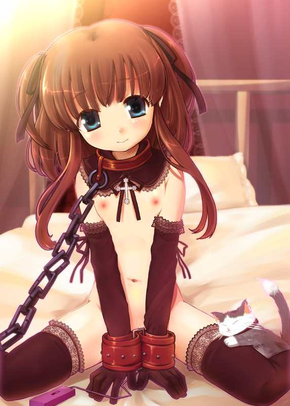 kouguchi moto, original, bad id, bad pixiv id, 1girl, bdsm, blue eyes, blush, bondage, bondage cuffs, bound, brown hair, cat, chain, collar, cuffs, elbow gloves, female focus, gloves, kneeling, leash, loli, long hair, nipples, nude, sex toy, slave, solo, thighhighs, vibrator
