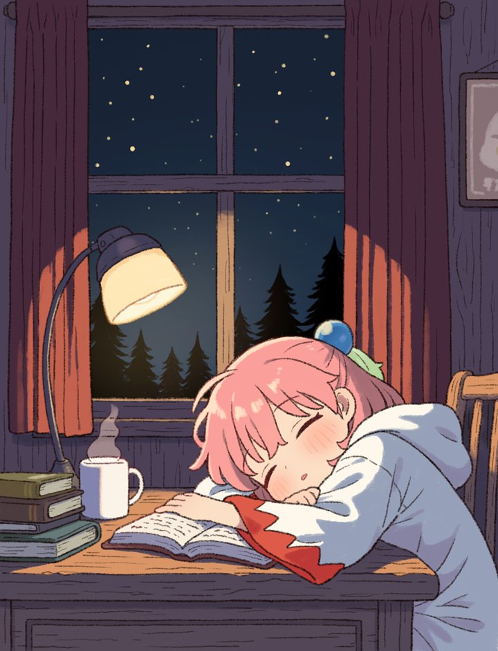 onyhakase, shirma, final fantasy, final fantasy fables, commentary, 1girl, book, closed eyes, coffee mug, cup, curtains, desk, hood, hood down, hooded robe, indoors, lamp, long sleeves, mug, night, open mouth, pink hair, robe, sleeping, sleeping upright, solo, standing, white robe, window