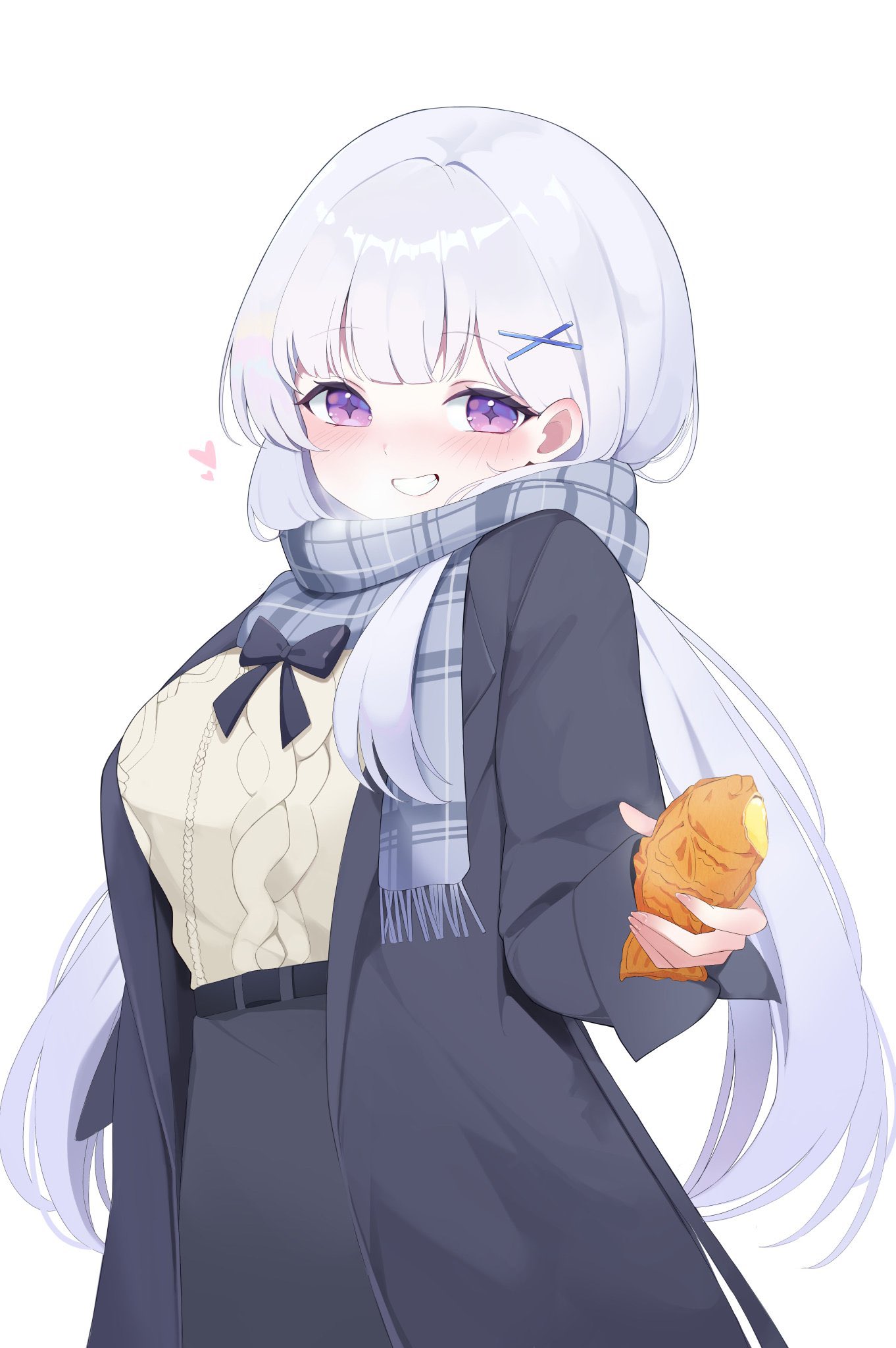 ayatsuno yuni, stellive, artist request, commentary request, highres, korean commentary, second-party source, 1girl, aran sweater, belt, black belt, black bow, black coat, black skirt, blush, bow, breasts, cable knit, coat, cowboy shot, food, food bite, grey hair, grey scarf, grin, hair ornament, holding, holding food, long hair, long sleeves, looking at viewer, open clothes, open coat, plaid clothes, plaid scarf, scarf, simple background, skirt, smile, solo, standing, star-shaped pupils, star (symbol), sweater, sweater tucked in, symbol-shaped pupils, taiyaki, very long hair, virtual youtuber, wagashi, white background, x hair ornament, yellow sweater
