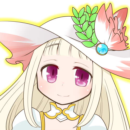 arch bishop (ragnarok online), ragnarok online, commentary request, lowres, 1girl, blonde hair, blunt bangs, blush, closed mouth, dress, hat, hat ornament, leaf hat ornament, long hair, looking at viewer, oekakipikki, portrait, purple eyes, simple background, smile, solo, sun hat, white background, white dress, white hat