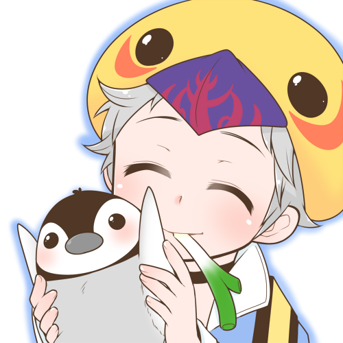 arch bishop (ragnarok online), peco peco, ragnarok online, commentary request, lowres, 1boy, animal, bird, bird hat, black choker, blush, choker, closed eyes, closed mouth, grey hair, holding, holding animal, holding bird, male focus, oekakipikki, penguin, portrait, short bangs, short hair, simple background, smile, solo, spring onion, white background