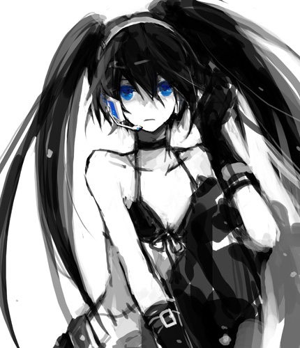 i-riya, black rock shooter (character), black rock shooter, bad id, bad pixiv id, lowres, 10s, 1girl, bikini, bikini top only, black hair, blue eyes, female focus, gloves, headphones, headset, long hair, monochrome, navel, pale skin, scar, shorts, simple background, solo, spot color, swimsuit, twintails, uneven twintails
