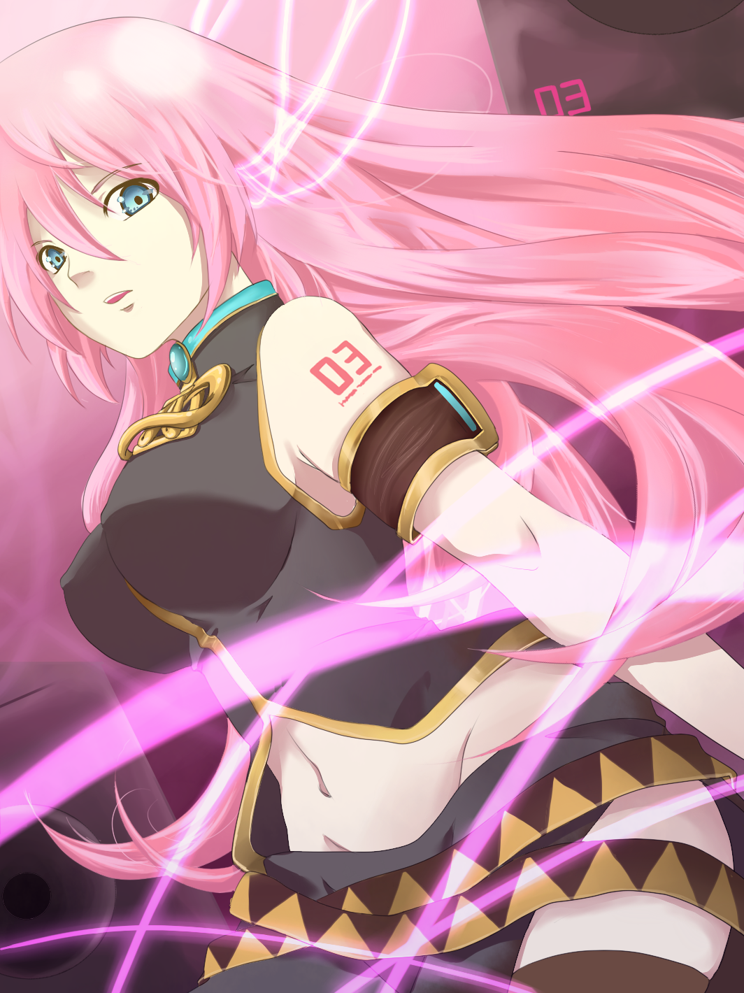 sss3, megurine luka, vocaloid, bad id, bad piapro id, highres, 1girl, aqua eyes, breasts, female focus, large breasts, long hair, midriff, navel, pink hair, skirt, solo, thighhighs