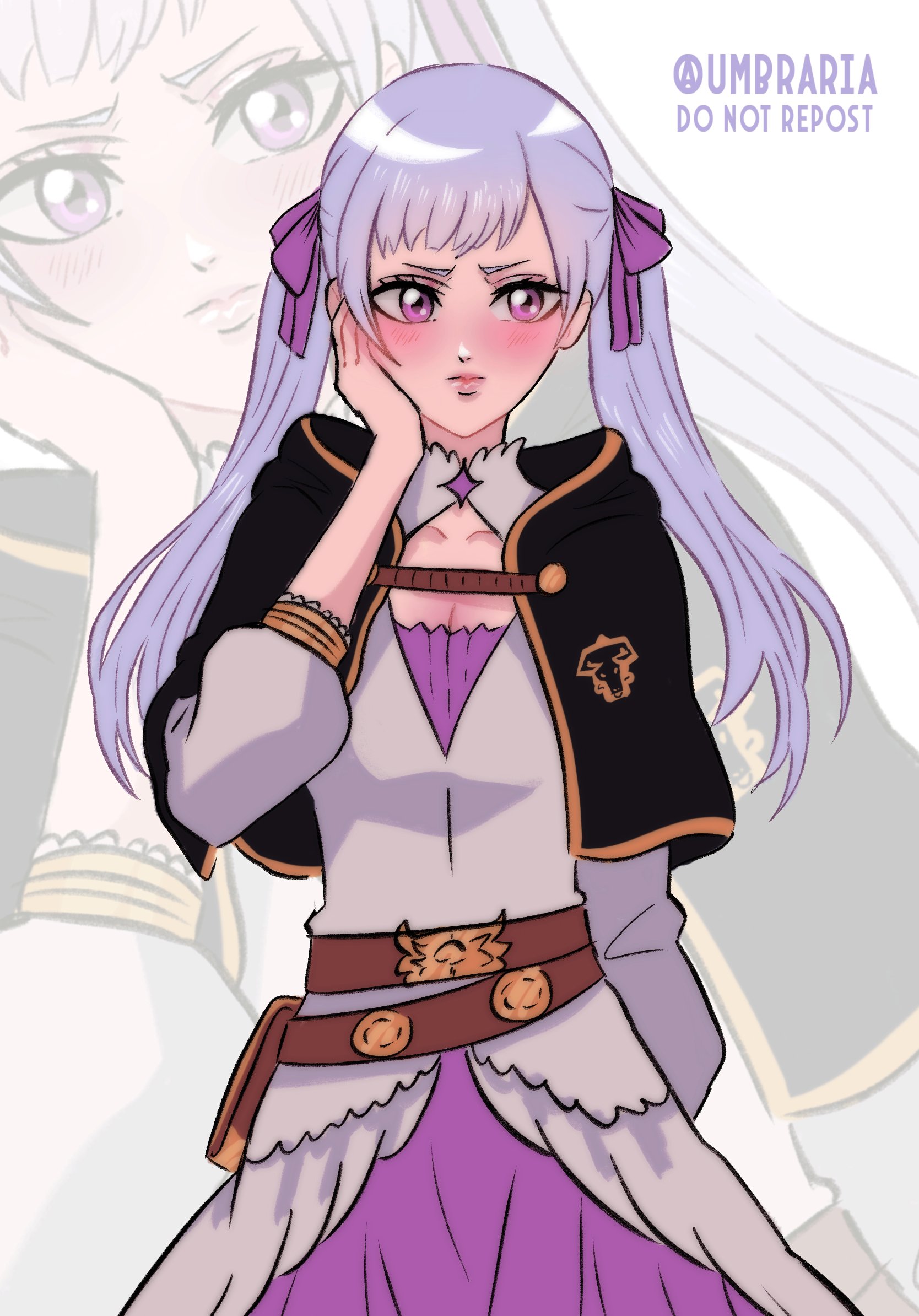 umbraria, noelle silva, black clover, 1girl, hair ribbon, purple eyes, ribbon, solo, twintails