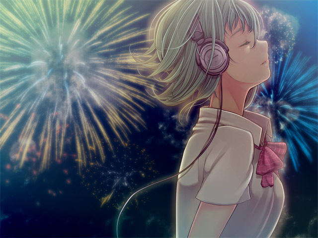 uprightleftdownchuchuchu, gumi, vocaloid, 1girl, aerial fireworks, blouse, bow, bowtie, cable, closed eyes, collared shirt, eyelashes, female focus, fireworks, from side, green eyes, green hair, headphones, listening to music, matching hair/eyes, night, red bow, red bowtie, shirt, solo, white shirt