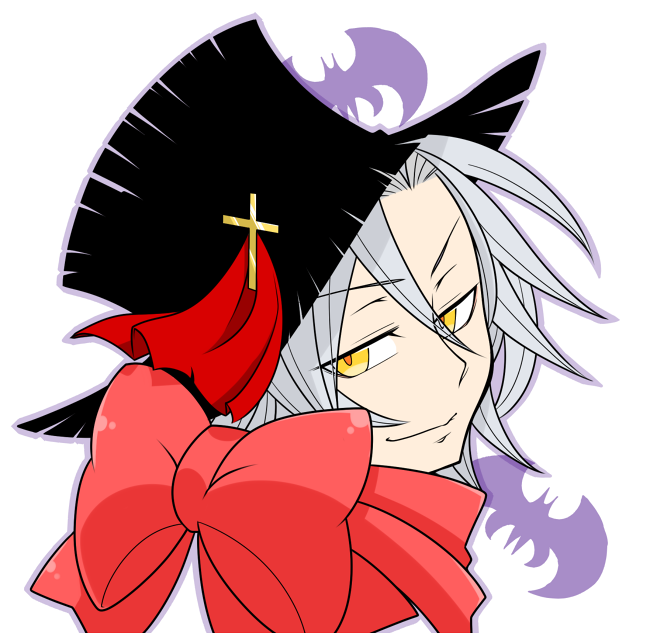 guillotine cross (ragnarok online), ragnarok online, commentary request, 1boy, bat (animal), black hat, closed mouth, cross, cross hat ornament, curtained hair, grey hair, hat, looking at viewer, male focus, oekakipikki, portrait, red scarf, scarf, short hair, simple background, smile, solo, top hat, white background, yellow eyes