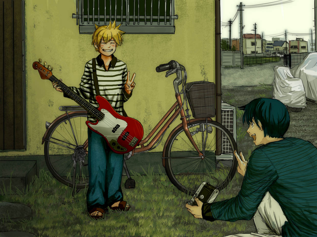 horuda, kagamine len, kaito (vocaloid), vocaloid, 2boys, :d, bass guitar, bicycle, blonde hair, blue eyes, blue hair, building, camera, closed eyes, denim, grass, grin, holding, holding camera, instrument, jeans, long sleeves, male focus, multiple boys, open mouth, outdoors, pants, power lines, sandals, shirt, short hair, smile, standing, striped clothes, striped shirt, utility pole, v