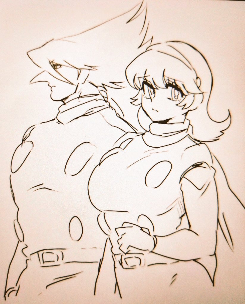 y02skman, francoise arnoul, jet link, cyborg 009, 1girl, belt, big nose, breasts, buttons, coat, cyborg, hair over face, hairband, large breasts, long eyelashes, long hair, looking at viewer, scarf, sketch, soldier, white coat, white hairband, white scarf, wide hips