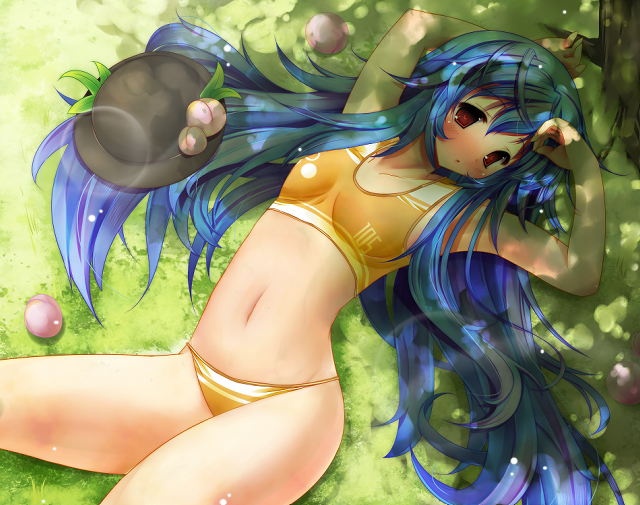 scarlet (studioscr), hinanawi tenshi, touhou, 1girl, blue hair, blush, breasts, dappled sunlight, female focus, food, fruit, grass, hat, long hair, looking at viewer, lying, navel, on back, outdoors, peach, red eyes, shade, small breasts, solo, sunlight, tree, under tree, unworn hat, unworn headwear, very long hair
