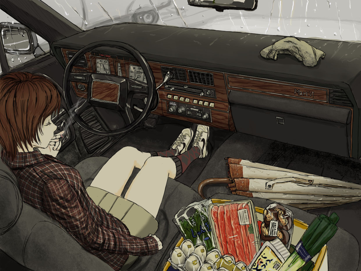 horuda, meiko (vocaloid), vocaloid, 1girl, brown hair, butter, car, car interior, casual, cigarette, closed eyes, egg, female focus, food, left-hand drive, meat, motor vehicle, mushroom, rain, shoes, short hair, sitting, skirt, slice of life, smoking, sneakers, socks, solo, spring onion, umbrella