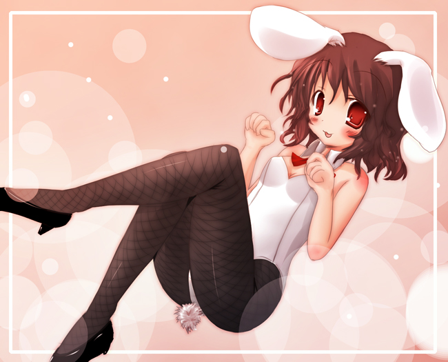 scarlet (studioscr), inaba tewi, touhou, 1girl, :3, animal ears, blush, bow, bowtie, brown hair, female focus, fishnet pantyhose, fishnets, high heels, pantyhose, playboy bunny, rabbit ears, rabbit tail, red eyes, shoes, solo, tail