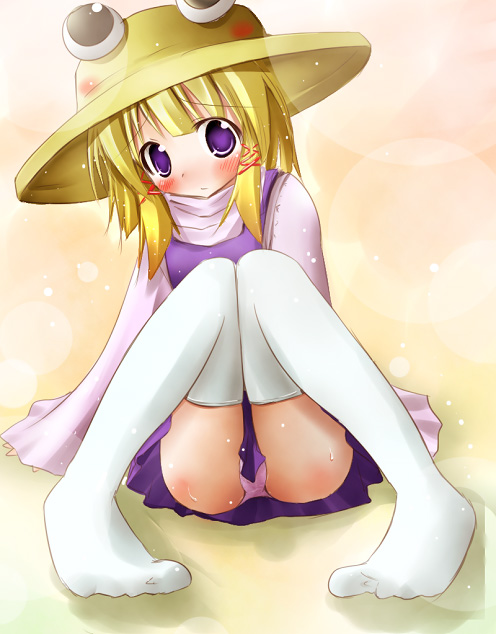 scarlet (studioscr), moriya suwako, touhou, 1girl, bad anatomy, bad feet, blonde hair, blush, feet, female focus, hat, panties, pantyshot, poorly drawn, purple eyes, short hair, solo, thighhighs, underwear, upskirt