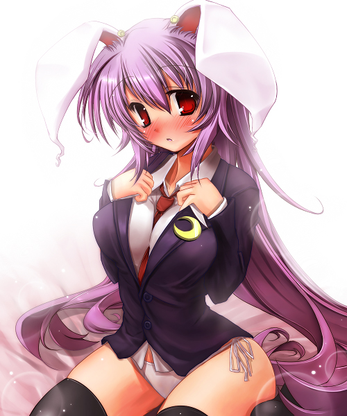 scarlet (studioscr), reisen udongein inaba, touhou, 1girl, animal ears, black thighhighs, female focus, long hair, panties, purple hair, rabbit ears, red eyes, side-tie panties, solo, thighhighs, underwear, very long hair