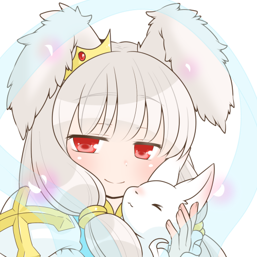 arch bishop (ragnarok online), ragnarok online, commentary request, lowres, 1girl, animal, animal ears, blush, closed mouth, cross, crown, dress, grey hair, holding, holding animal, holding rabbit, long hair, looking at viewer, oekakipikki, rabbit, rabbit ears, rabbit girl, red eyes, simple background, smile, solo, upper body, white background, white dress