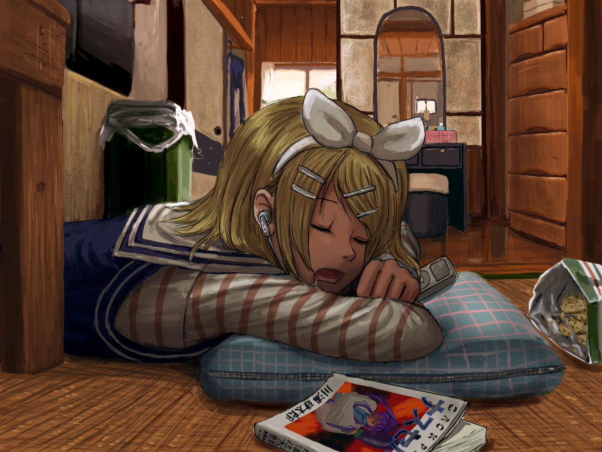horuda, kagamine rin, kamui gakupo, berserk, vocaloid, 1girl, blonde hair, book, cameo, creator connection, drooling, earphones, female focus, floor, hair ornament, hair ribbon, hairclip, headphones, ipod, lying, mp3 player, on stomach, parody, pillow, ribbon, room, saliva, short hair, sleeping, slice of life, solo