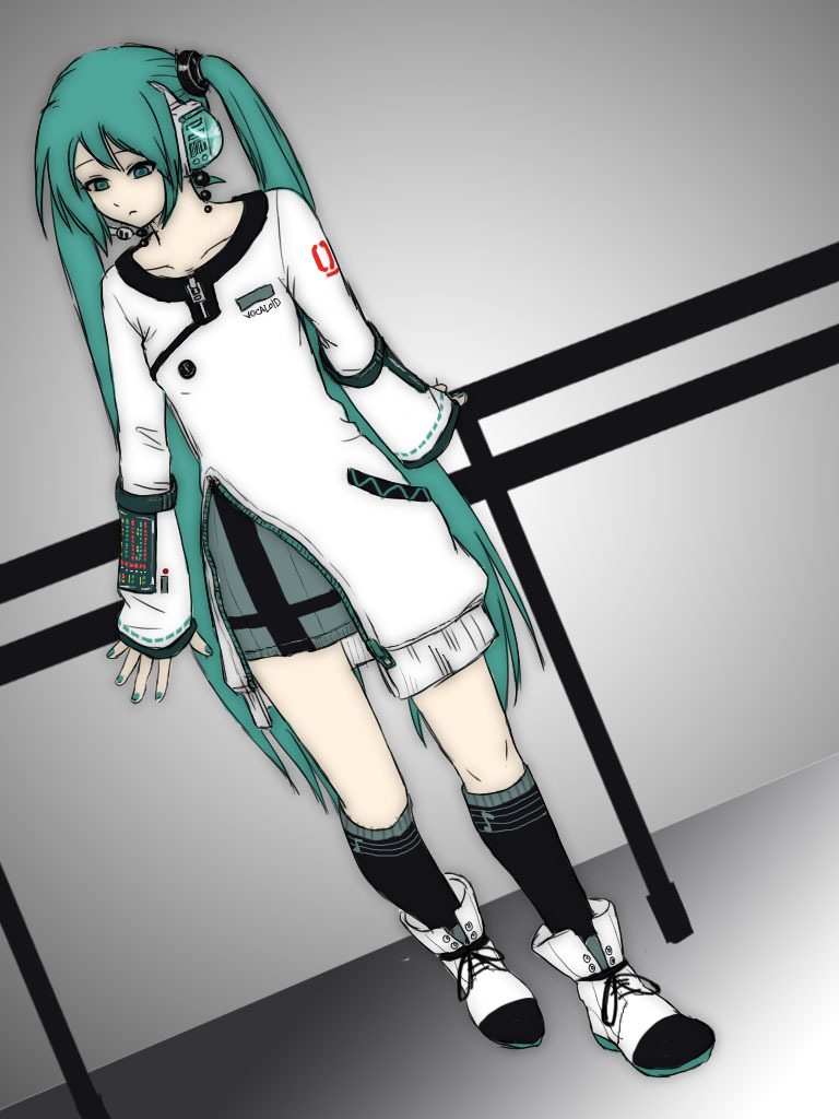 horuda, hatsune miku, vocaloid, 1girl, alternate costume, aqua eyes, aqua hair, female focus, full body, headphones, headset, long hair, shoes, skirt, socks, solo, twintails
