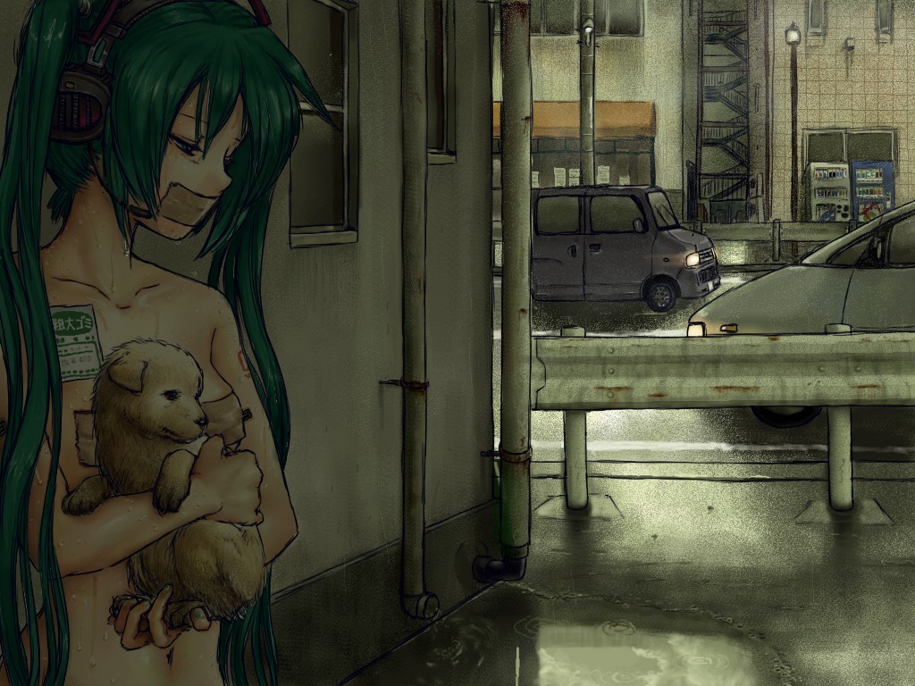 horuda, hatsune miku, vocaloid, translated, 1girl, aqua eyes, aqua hair, baby animal, car, dog, female focus, gag, gagged, headphones, headset, holding, improvised gag, long hair, motor vehicle, puppy, rain, solo, tape, tape gag, topless female, twintails