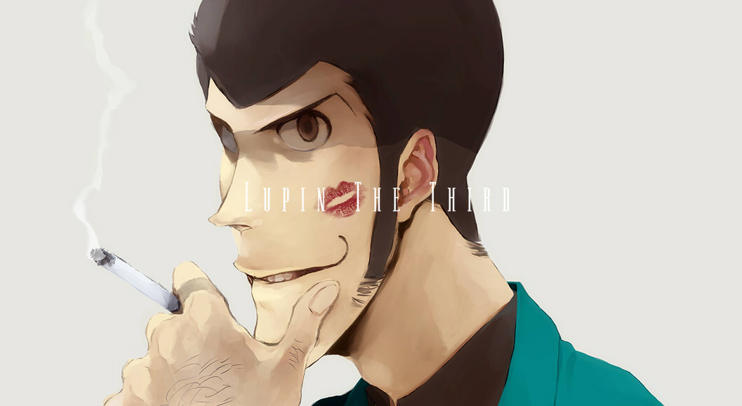 faddawdle, arsene lupin iii, lupin iii, tms entertainment, bad id, bad pixiv id, 1boy, cigarette, green jacket, jacket, lipstick mark, male focus, sideburns, simple background, solo