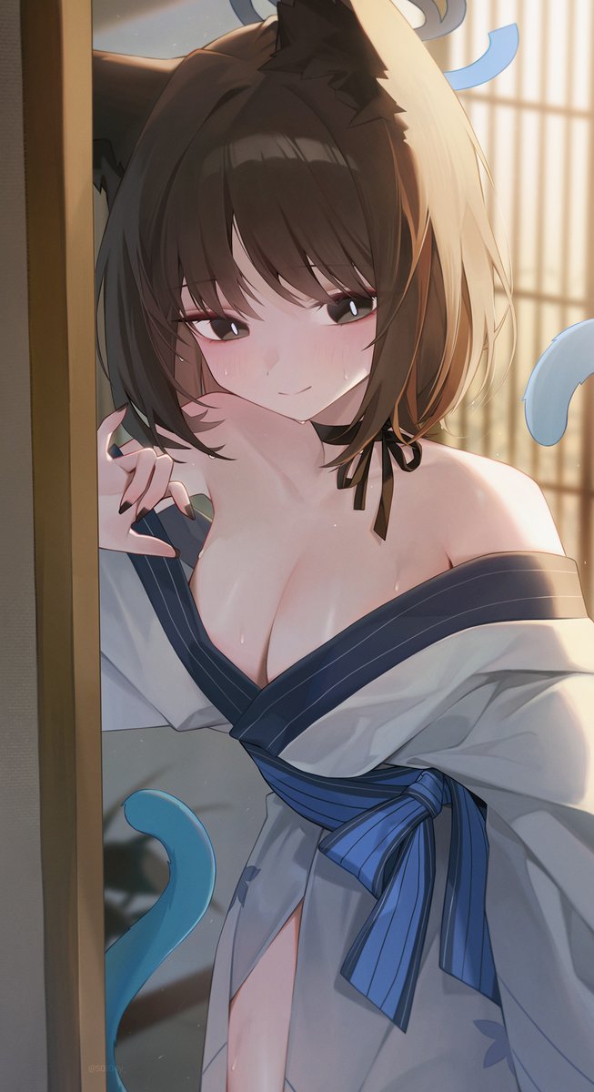 s0104y, kikyou (blue archive), blue archive, highres, 1girl, animal ears, bare shoulders, black choker, black eyes, black hair, black nails, blue halo, blush, breasts, bright pupils, cat ears, cat tail, choker, cleavage, closed mouth, collarbone, fingernails, halo, indoors, japanese clothes, kimono, looking at viewer, medium breasts, multiple tails, nail polish, ribbon choker, short hair, shouji, sliding doors, smile, solo, tail, two tails, white pupils