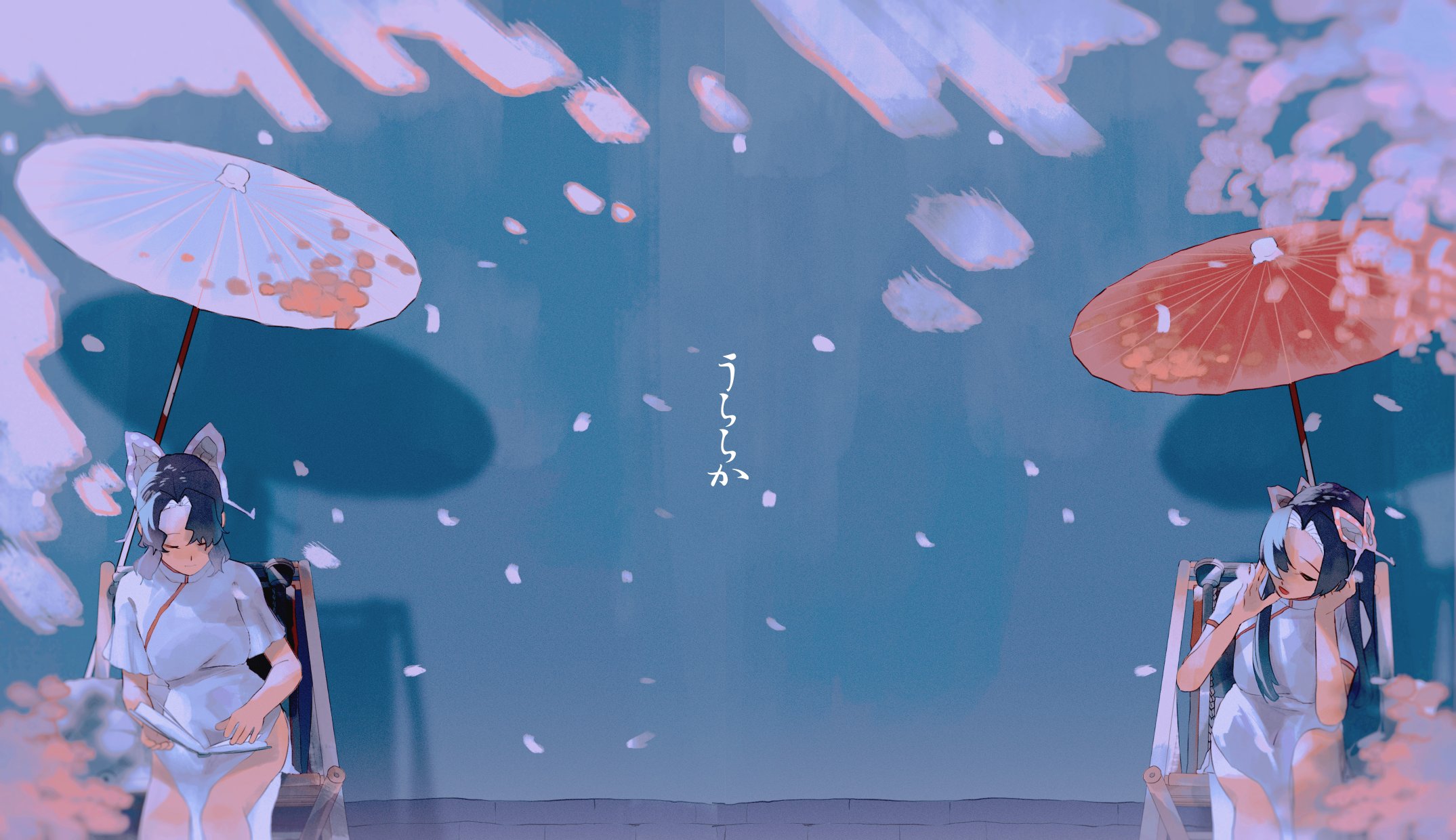 kochiya sanae, kochou shinobu, kimetsu no yaiba, highres, 2girls, butterfly hair ornament, cherry blossoms, falling petals, greyscale, hair ornament, long hair, looking at another, monochrome, multiple girls, oil-paper umbrella, petals, r rinry95, sitting, umbrella