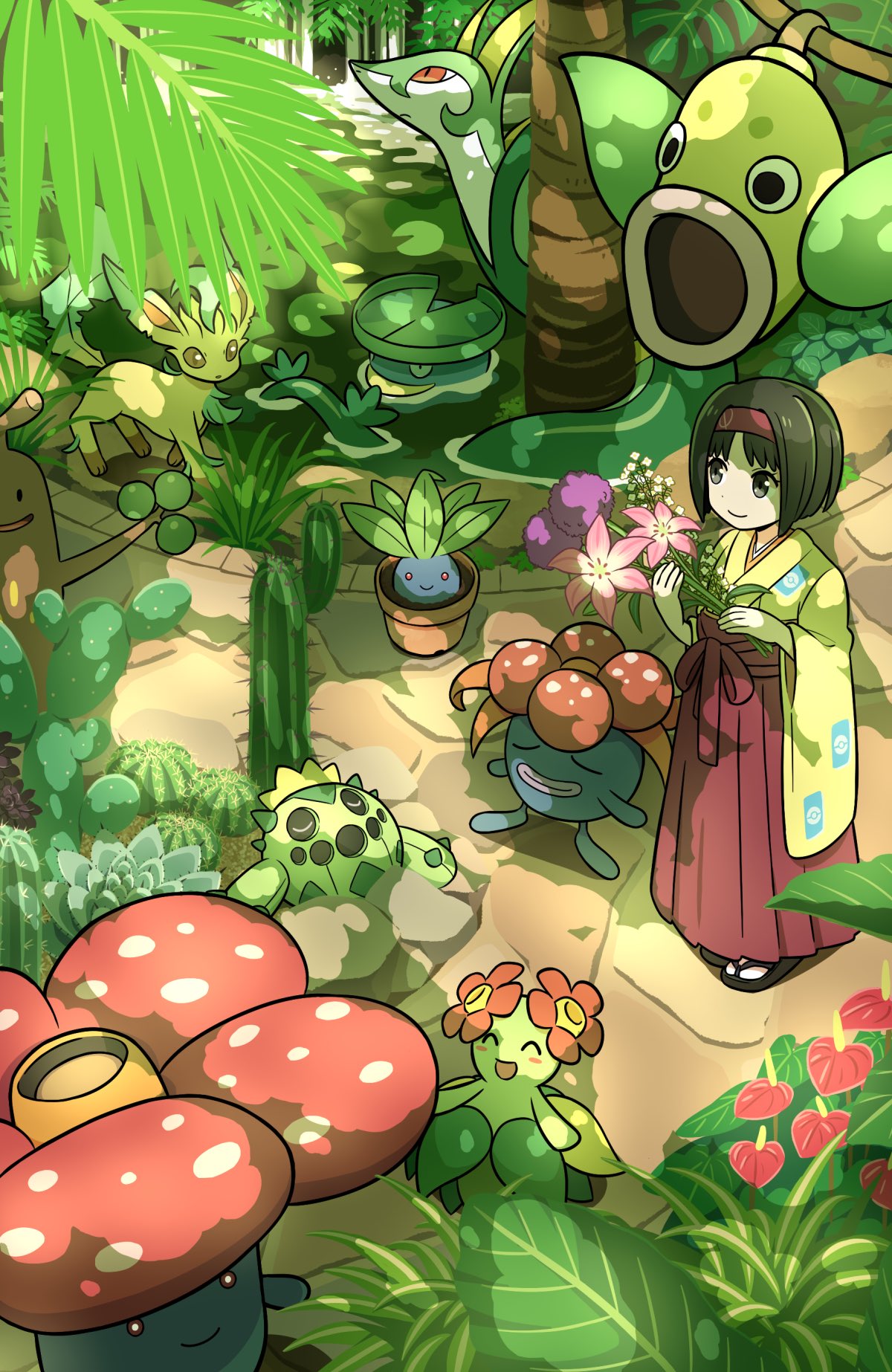 shuan 0420, bellossom, cacnea, erika (pokemon), gloom (pokemon), leafeon, lotad, oddish, serperior, sudowoodo, vileplume, weepinbell, nintendo, pokemon, pokemon frlg, highres, 1girl, black hair, botanical garden, cactus, closed eyes, flower, gen 1 pokemon, gen 2 pokemon, gen 3 pokemon, gen 4 pokemon, gen 5 pokemon, grass, hairband, hakama, japanese clothes, kimono, leaf, pink flower, plant, pokemon (creature), pond, potted plant, purple flower, red hairband, red hakama, short hair, standing, tree, water, waterfall, yellow kimono