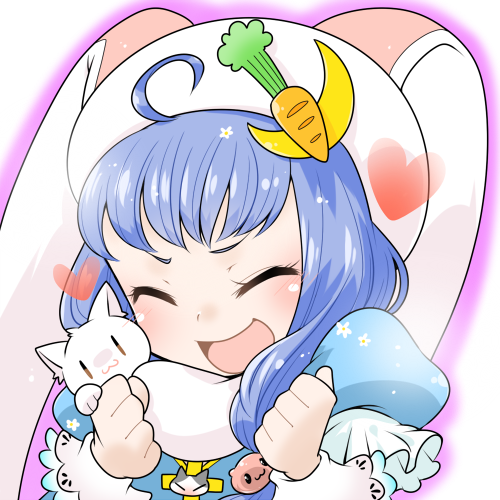 arch bishop (ragnarok online), poring, ragnarok online, commentary request, lowres, 1girl, :d, animal, animal around neck, animal hat, blue dress, blush, carrot hat ornament, cat, closed eyes, crescent, crescent hat ornament, dress, hat, hat ornament, layered sleeves, long hair, long sleeves, oekakipikki, open mouth, rabbit hat, short over long sleeves, short sleeves, simple background, smile, solo, upper body, white background, white cat, white hat