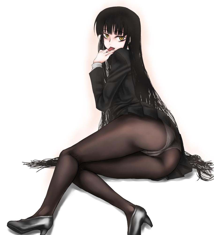 scharfschutze, female protagonist (houkago play), houkago play, 1girl, ass, black hair, female focus, high heels, legs, long hair, lying, naughty face, panties, panties under pantyhose, pantyhose, pantyshot, shoes, skirt, solo, tongue, underwear, upskirt, very long hair, yellow eyes