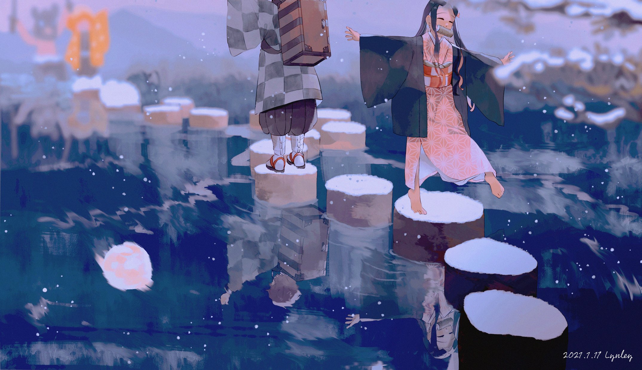 agatsuma zenitsu, hashibira inosuke, kamado nezuko, kamado tanjirou, kimetsu no yaiba, highres, 1girl, 3boys, black hair, haori, japanese clothes, kimono, long hair, multiple boys, outdoors, pink kimono, r rinry95, snow, water