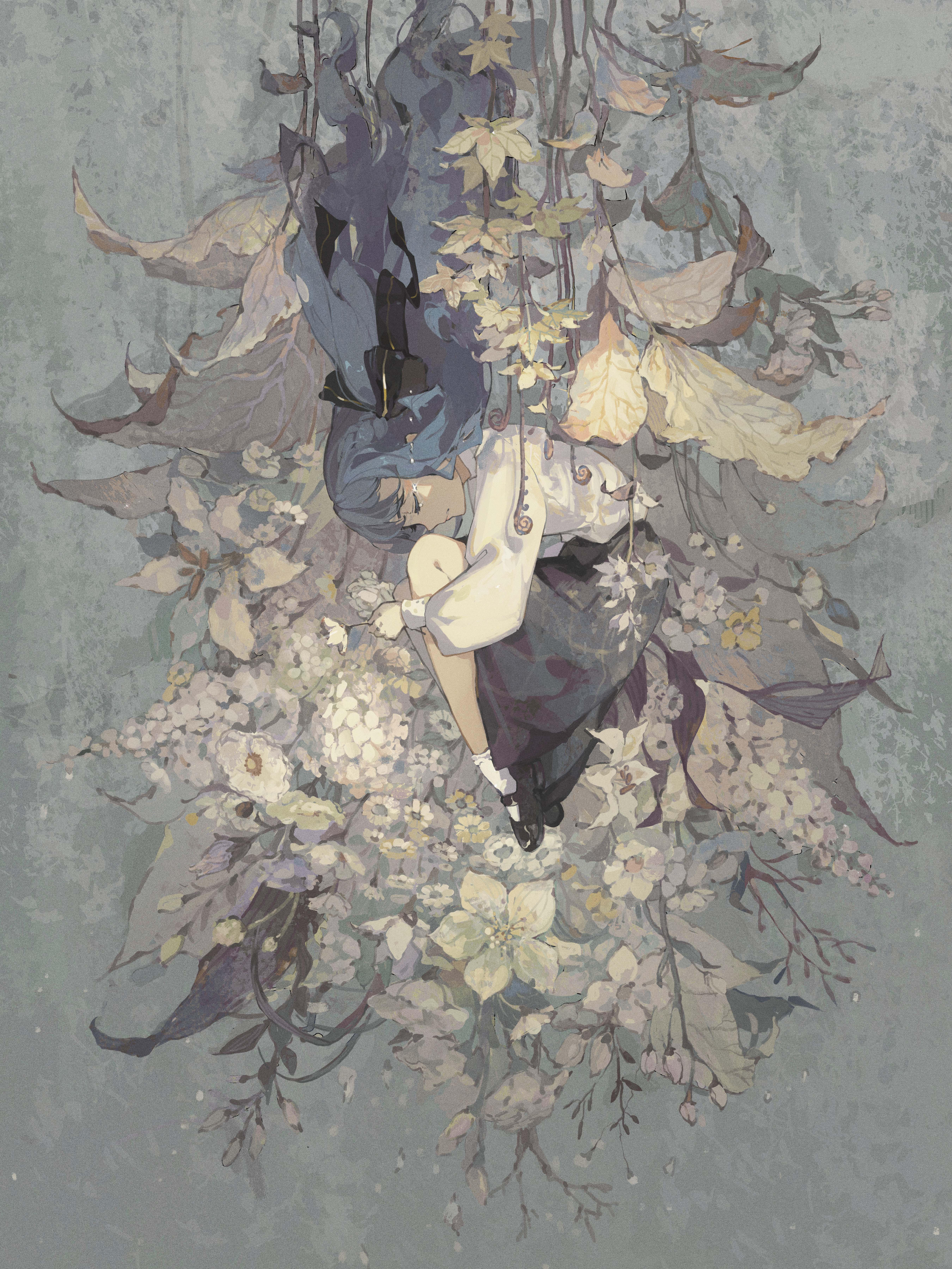 yolk (user sssk5878), togawa sakiko, bang dream!, bang dream! it's mygo!!!!!, absurdres, highres, 1girl, black ribbon, black shoes, black skirt, blue hair, bouquet, closed eyes, crying, fetal position, floating hair, floral background, flower, hair ribbon, holding, holding flower, hugging own legs, knees up, long hair, long sleeves, profile, ribbon, shirt, shoes, sidelocks, skirt, socks, solo, tears, two side up, white flower, white shirt, white socks, wide shot