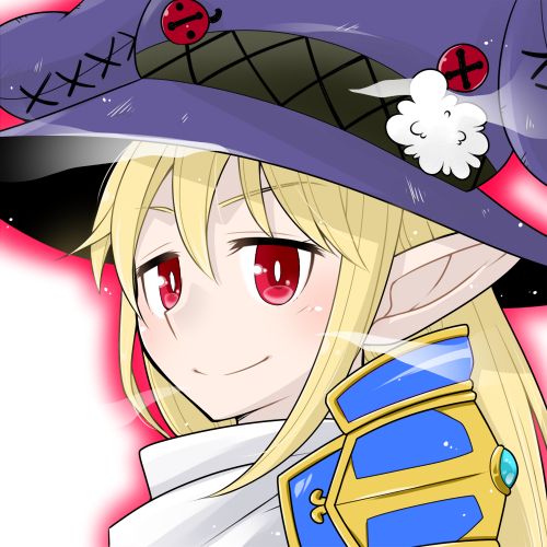 royal guard (ragnarok online), ragnarok online, commentary request, lowres, 1girl, armor, blonde hair, blush, closed mouth, hat, long hair, looking at viewer, oekakipikki, official alternate costume, pauldrons, pointy ears, portrait, purple hat, red eyes, shoulder armor, simple background, smile, solo, white background, witch hat
