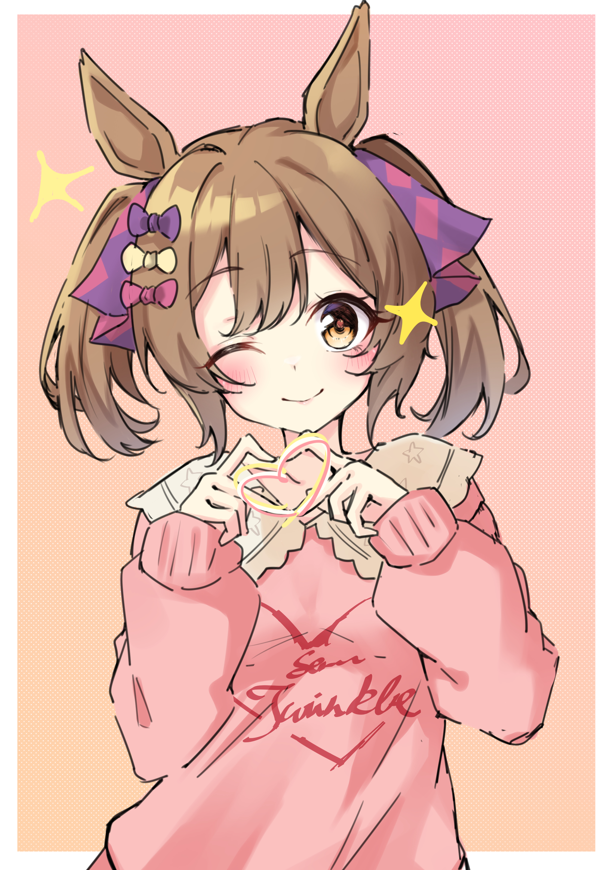 tiara (871220), smart falcon (casual) (umamusume), smart falcon (umamusume), umamusume, absurdres, highres, 1girl, animal ears, blonde hair, blush, bow, closed mouth, collar, hair bow, hair ribbon, heart, heart hands, horse ears, horse girl, looking at viewer, medium hair, one eye closed, pink bow, pink shirt, purple bow, purple ribbon, ribbon, shirt, smile, solo, twintails, white collar, yellow bow, yellow eyes