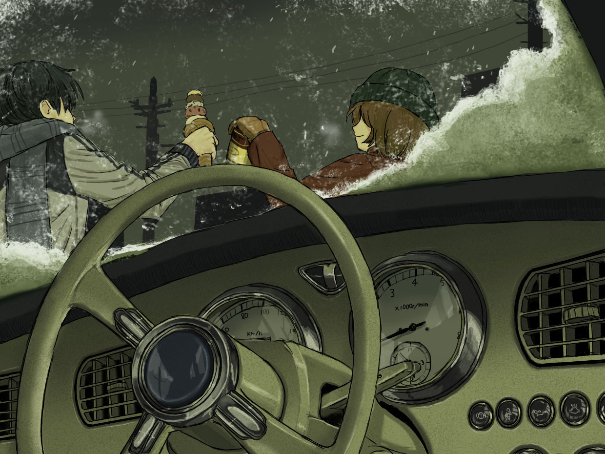 horuda, kaito (vocaloid), meiko (vocaloid), vocaloid, vehicle request, 1boy, 1girl, beanie, blue hair, bonnet, brown hair, can, car, car interior, couple, food, from below, hat, hetero, ice cream, ice cream cone, motor vehicle, multiple scoops, power lines, scarf, short hair, smile, snow, toasting (gesture), too many, too many scoops