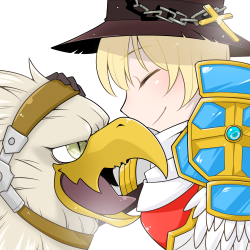 gryphon (ragnarok online), royal guard (ragnarok online), ragnarok online, commentary request, lowres, 1girl, armor, blonde hair, blush, brown hat, chain, closed eyes, closed mouth, cross, griffin, hat, oekakipikki, official alternate costume, pauldrons, profile, shirt, short hair, shoulder armor, simple background, smile, solo, white background, white shirt