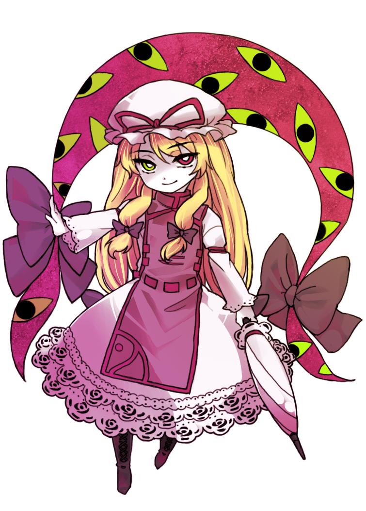 koto (kotocotton), yakumo yukari, touhou, bad id, bad pixiv id, 1girl, blonde hair, dress, eye focus, female focus, full body, gap (touhou), green eyes, hat, heterochromia, long hair, red eyes, simple background, solo, umbrella, white background