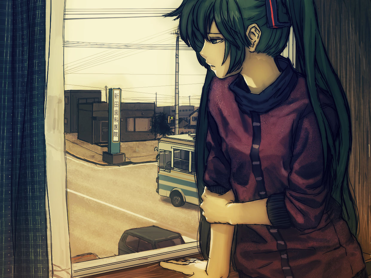 horuda, hatsune miku, vocaloid, 1girl, aqua eyes, aqua hair, bus, car, female focus, half-closed eyes, indoors, looking outside, motor vehicle, outdoors, power lines, sad, solo, twintails, window