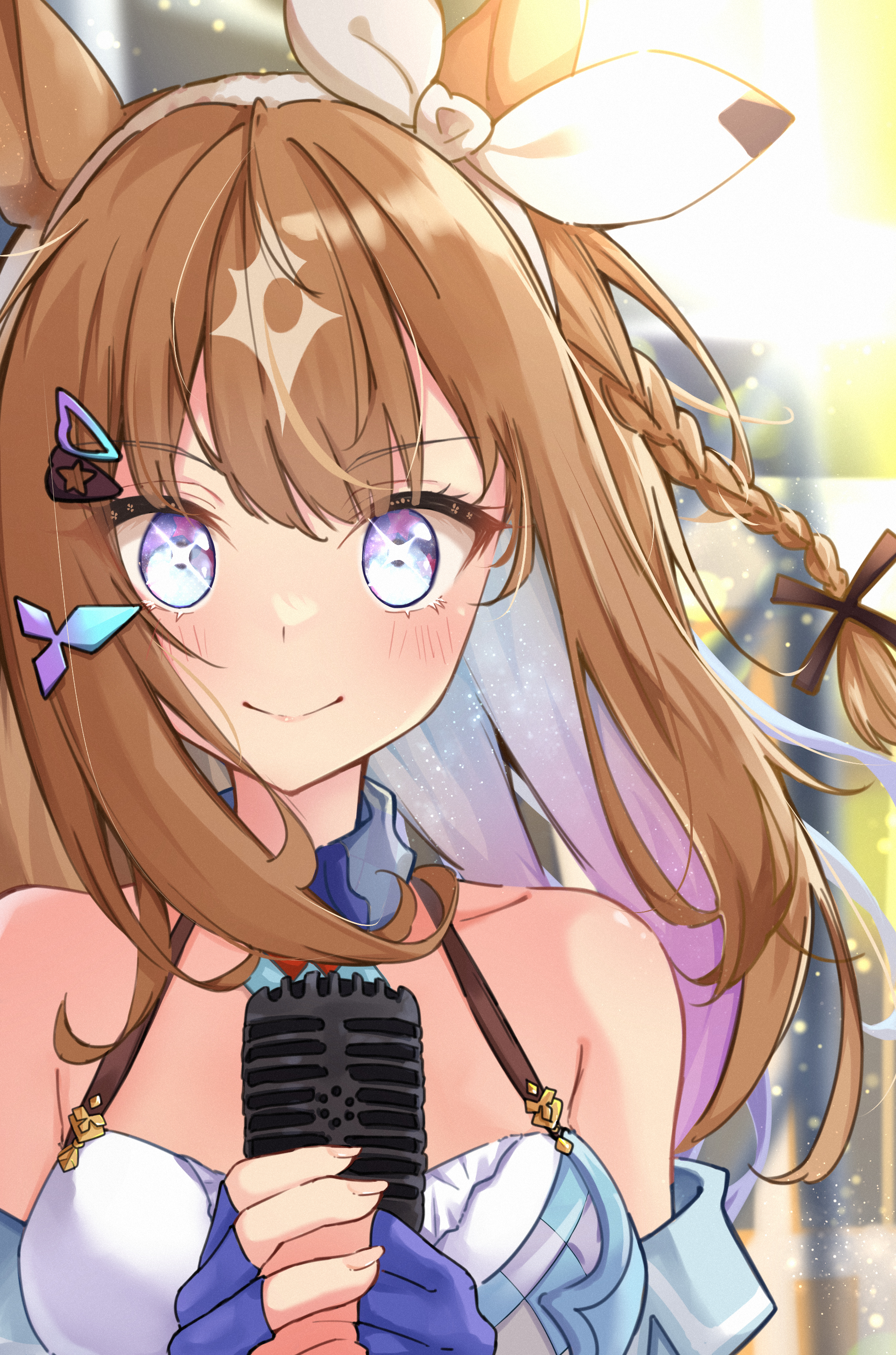 tiara (871220), almond eye (umamusume), umamusume, absurdres, highres, + +, 1girl, animal ears, bare shoulders, blue gloves, blue hair, blue sleeves, blush, bow hairband, braid, brown hair, closed mouth, colored inner hair, detached sleeves, dress, fingerless gloves, gloves, gradient hair, hairband, holding, holding microphone, horse ears, horse girl, long hair, looking at viewer, microphone, multicolored hair, purple hair, single braid, smile, solo, white dress, white hairband