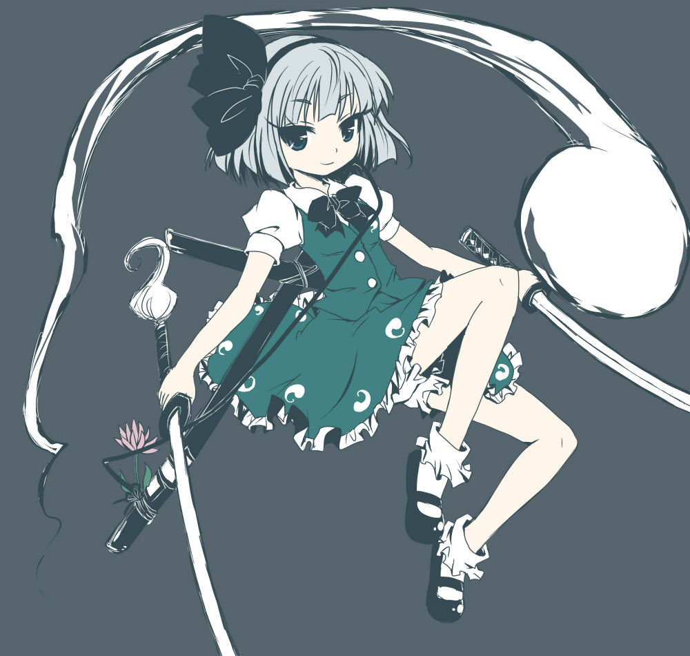 miruki, konpaku youmu, konpaku youmu (ghost), touhou, silver hair, bad id, bad pixiv id, jpeg artifacts, 1girl, blue eyes, bobby socks, dual wielding, female focus, full body, ghost, grey background, hairband, holding, katana, mary janes, shoes, short hair, simple background, smile, socks, solo, sword, tanto, tsurime, weapon