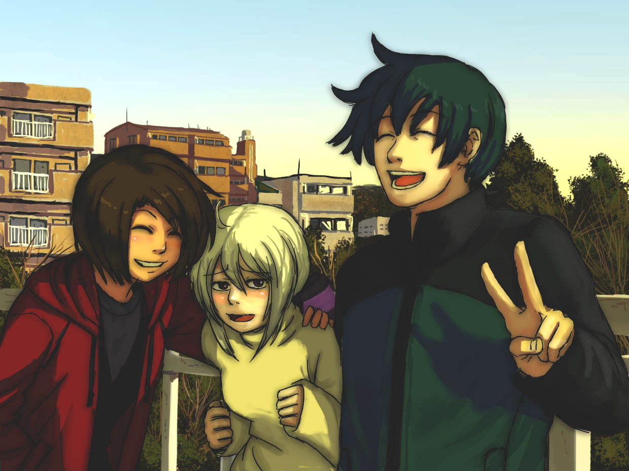 horuda, kaito (vocaloid), meiko (vocaloid), yowane haku, vocaloid, 1boy, 2girls, blue hair, blush, brown hair, casual, closed eyes, hair ribbon, hood, hoodie, long hair, multiple girls, ponytail, red eyes, ribbon, short hair, smile, v, white hair