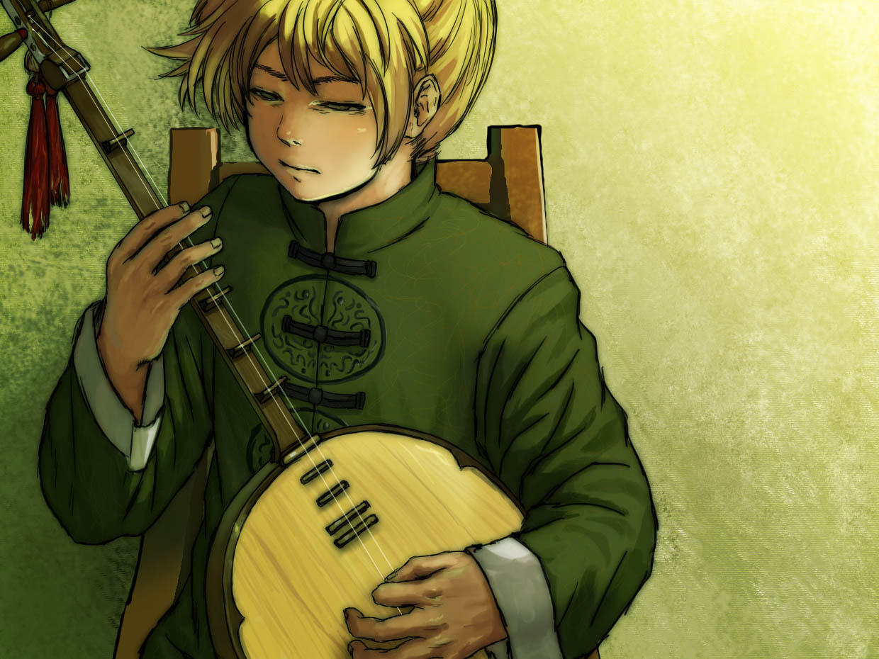 horuda, kagamine len, tsumugi uta (vocaloid), vocaloid, 1boy, blonde hair, blue eyes, chair, chinese clothes, green background, half-closed eyes, instrument, male focus, shamisen, short hair, sitting, solo, wooden chair