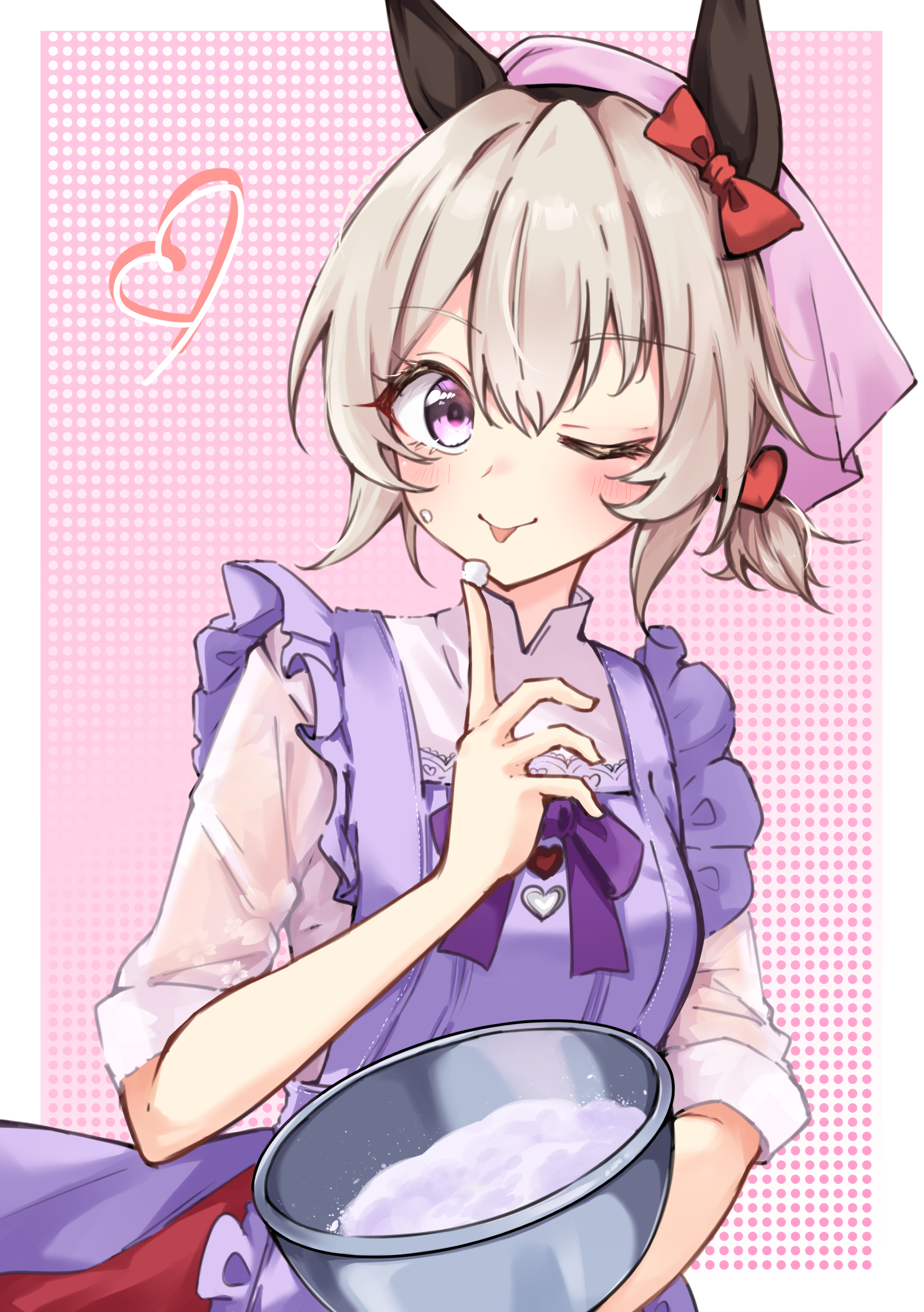 tiara (871220), curren chan (umamusume), umamusume, absurdres, highres, 1girl, animal ears, apron, bowl, closed mouth, cream, cream on face, food, food on face, hat, holding, holding bowl, horse ears, horse girl, looking at viewer, low ponytail, one eye closed, open mouth, ponytail, purple apron, purple eyes, purple hat, shirt, short hair, sleeves rolled up, smile, solo, tongue, tongue out, white hair, white shirt