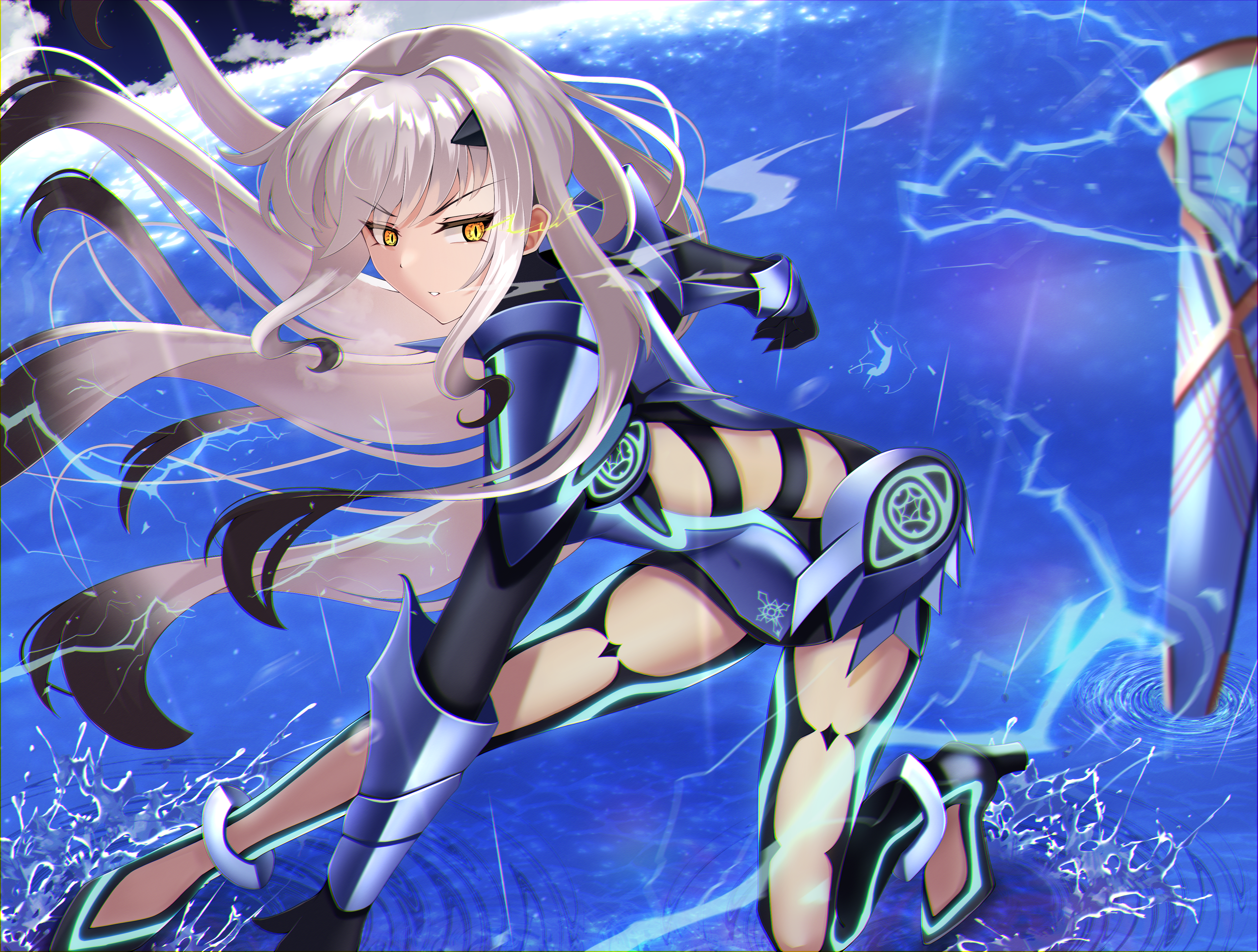 raji (largesaint2210), melusine (fate), melusine (first ascension) (fate), fate/grand order, fate (series), absurdres, highres, 1girl, armor, armored dress, blue armor, blue dress, breastplate, breasts, dress, faulds, forked eyebrows, high heels, kneeling, long hair, looking at viewer, pauldrons, short dress, shoulder armor, sidelocks, small breasts, solo, white hair, yellow eyes