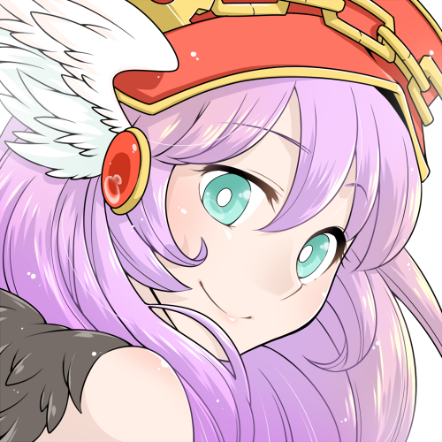 sorcerer (ragnarok online), ragnarok online, commentary request, lowres, 1girl, blue eyes, bright pupils, chain, closed mouth, feathered wings, hat, head wings, long hair, looking at viewer, oekakipikki, portrait, purple hair, red hat, simple background, smile, solo, white background, white pupils, wings