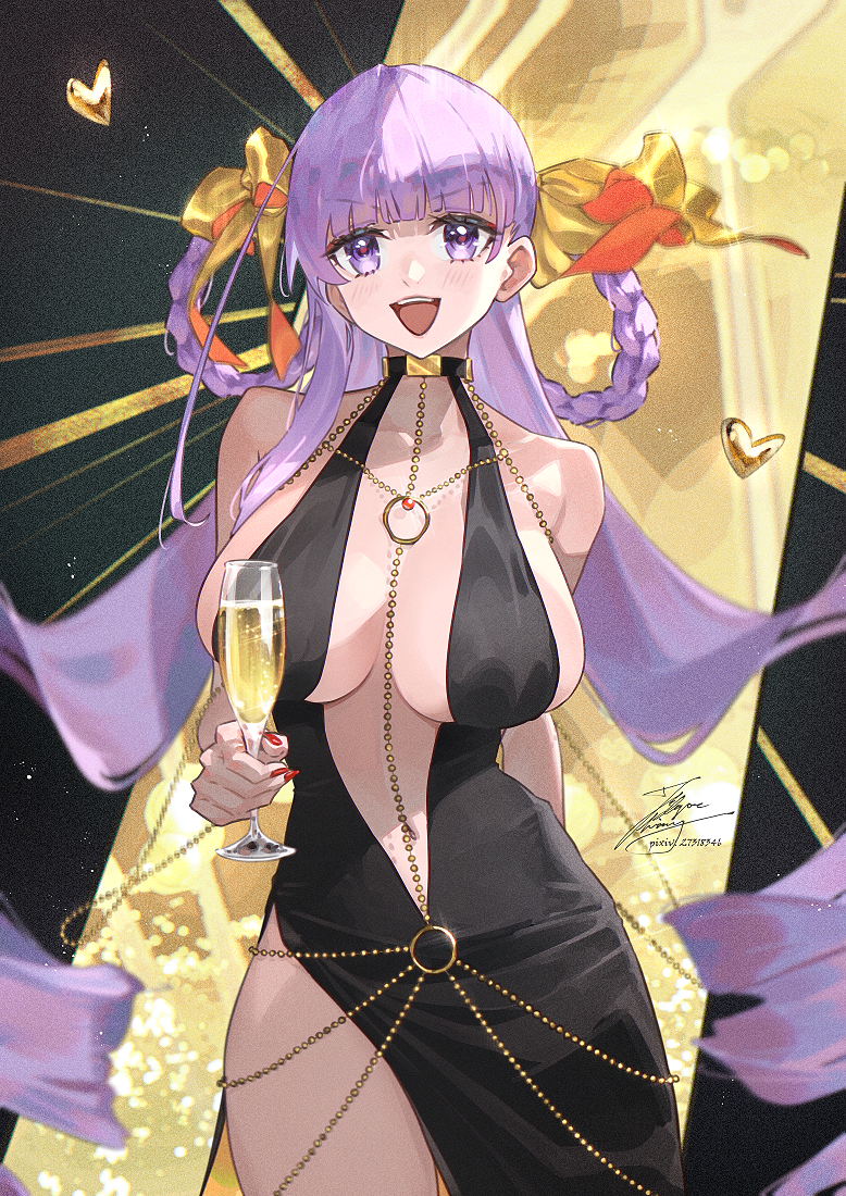 fadingz, bb (fate), bb dubai (fate), fate/grand order, fate (series), 1girl, alcohol, bare shoulders, belly chain, black dress, blush, bracelet, braid, braided hair rings, breasts, champagne, champagne flute, cleavage, cup, dress, drinking glass, hair ribbon, hair rings, jewelry, large breasts, long hair, looking at viewer, navel, necklace, open mouth, plunging neckline, purple eyes, purple hair, ribbon, side slit, smile, solo, thighs, twin braids, very long hair, yellow ribbon