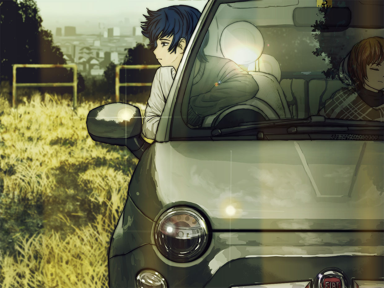 horuda, kaito (vocaloid), meiko (vocaloid), fiat, vocaloid, 1boy, 1girl, blue eyes, blue hair, brown hair, car, casual, closed eyes, couple, fiat 500, hetero, motor vehicle, product placement, reflection, short hair, sleeping, vehicle focus