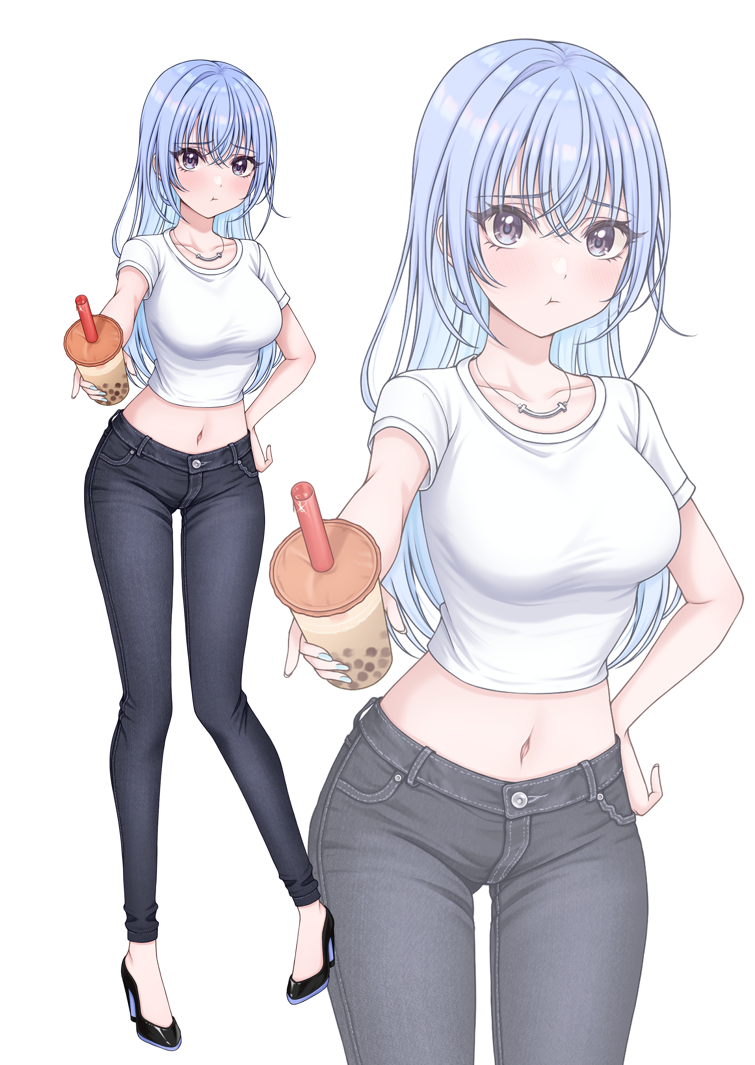 sulgi park, suzuki hana, idolmaster, idolmaster shiny colors, absurdres, commentary request, highres, 1girl, :t, alternate costume, black shoes, blue hair, breasts, choppy bangs, collarbone, crop top, cropped shirt, crossed bangs, cup, denim, grey eyes, hair between eyes, hand on own hip, high heels, holding, holding cup, jeans, jewelry, large breasts, long bangs, long hair, midriff, navel, necklace, pants, pout, reaching, reaching towards viewer, shirt, shoes, short sleeves, solo, standing, white background, white shirt, zoom layer