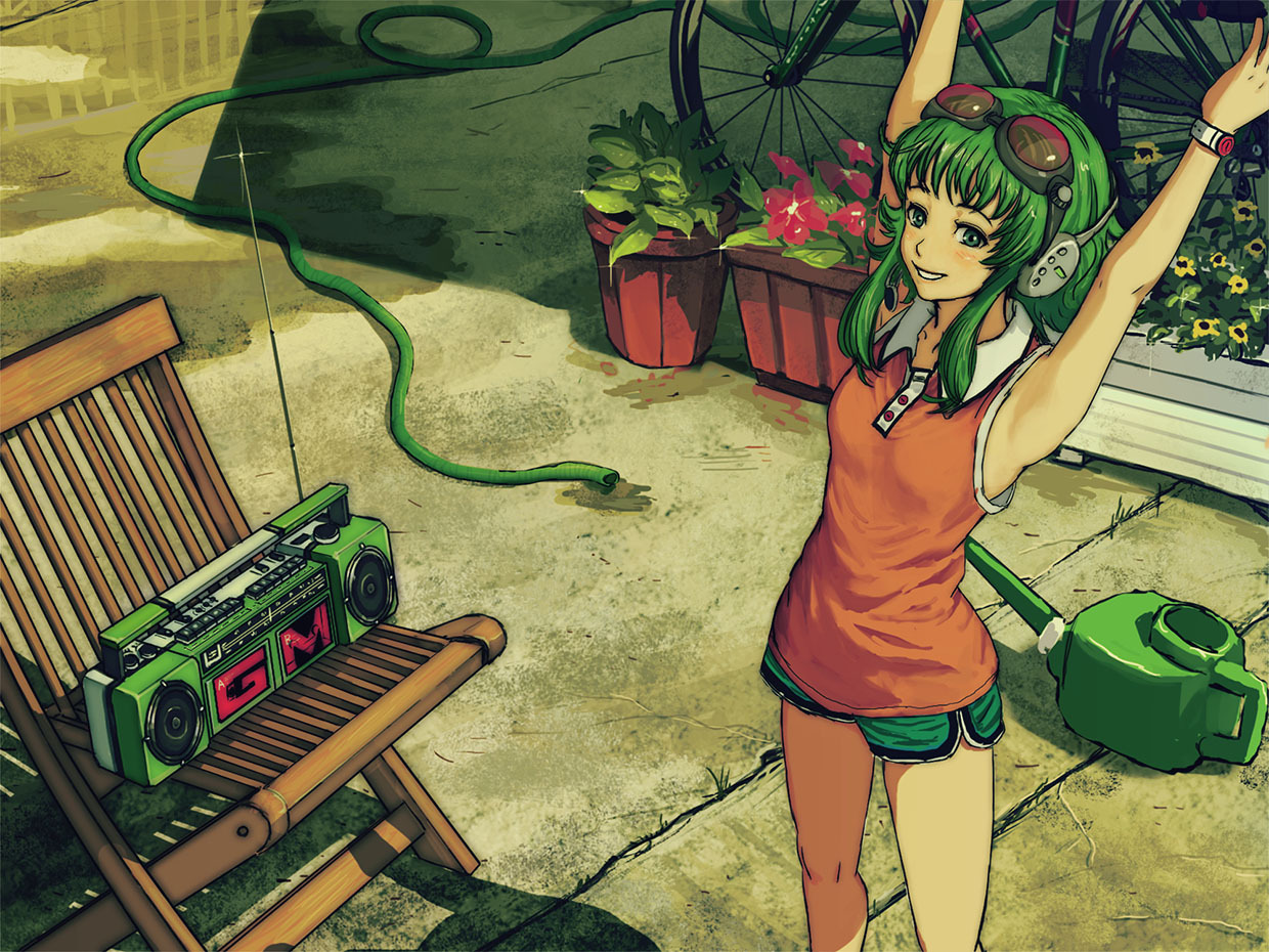 horuda, gumi, vocaloid, 1girl, bicycle, chair, cowboy shot, female focus, flower, goggles, goggles on head, green eyes, green hair, headphones, headset, hose, matching hair/eyes, radio, short hair, shorts, smile, solo, stretching, watering can, wooden chair