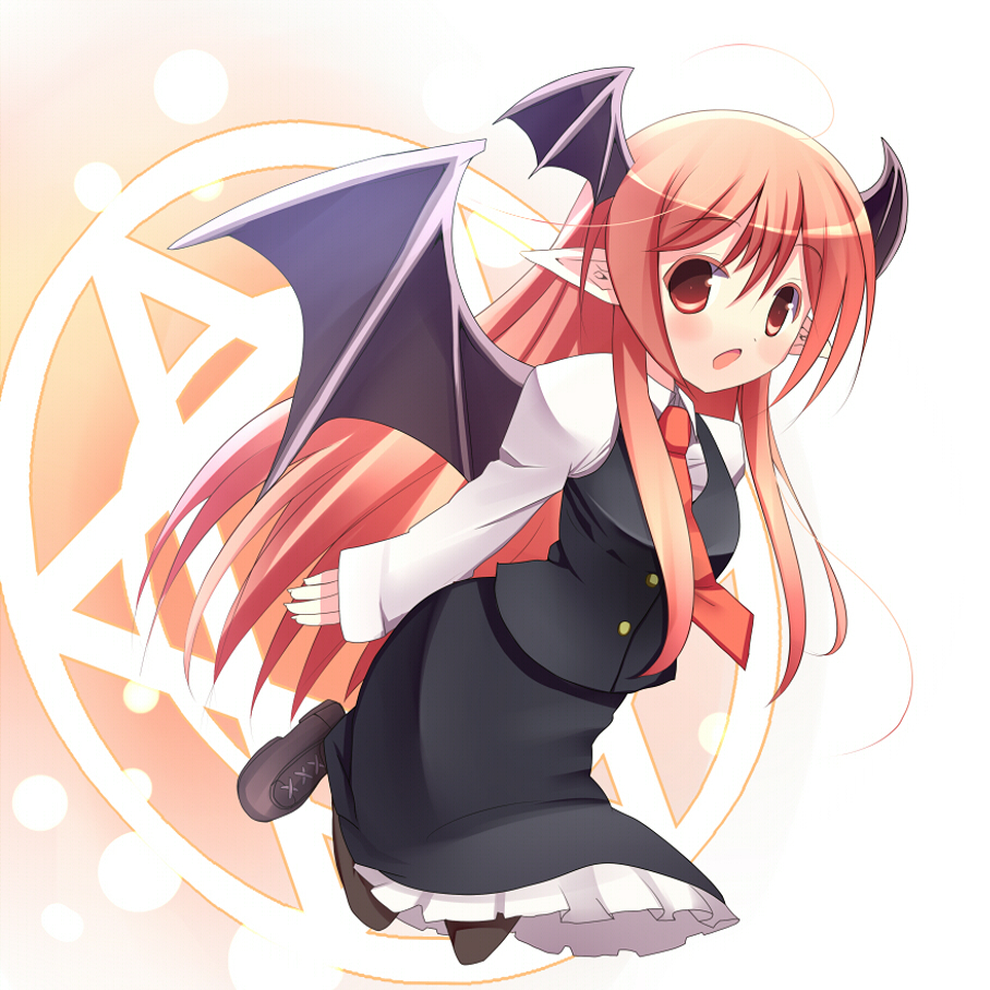tsunono, koakuma, embodiment of scarlet devil, touhou, 1girl, bat wings, female focus, full body, gradient background, head wings, long hair, pantyhose, pointy ears, red eyes, red hair, solo, white background, wings