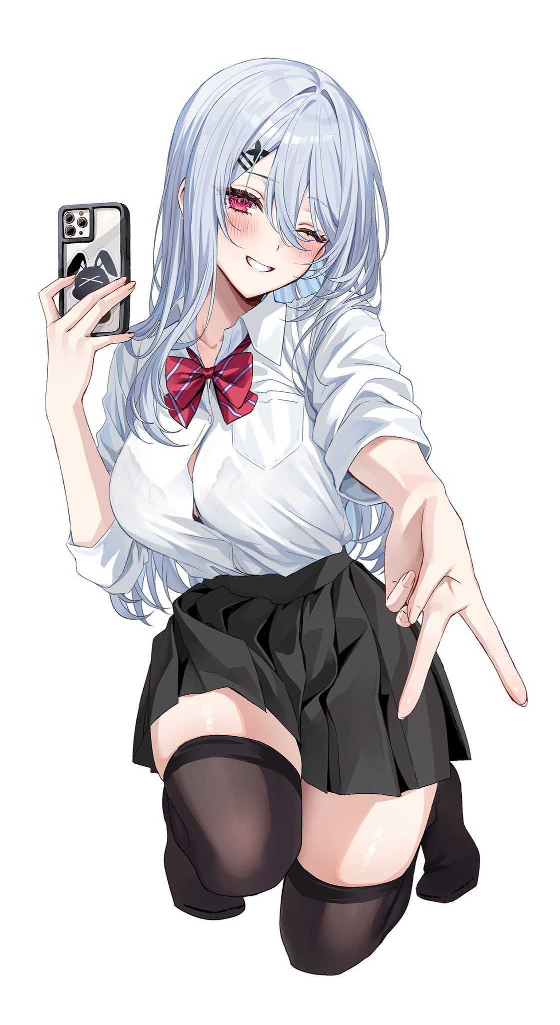 hizuki higure, original, highres, 1girl, black skirt, black thighhighs, blush, bow, bowtie, bra visible through clothes, breast pocket, breasts, button gap, cellphone, diagonal-striped bow, diagonal-striped bowtie, diagonal-striped clothes, double-parted bangs, full body, grey hair, grin, hair between eyes, hair ornament, hairclip, hand up, holding, holding phone, large breasts, long hair, looking at viewer, miniskirt, no shoes, on one knee, one eye closed, parallel hairclips, phone, pleated skirt, pocket, reaching, reaching towards viewer, red bow, red bowtie, red eyes, shirt, shirt tucked in, simple background, skirt, smartphone, smile, straight hair, striped bow, striped bowtie, striped clothes, thighhighs, three-quarter sleeves, v, white background, white shirt